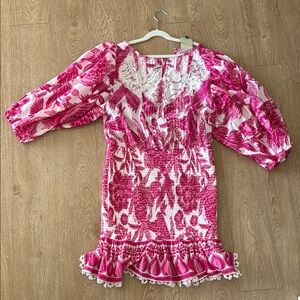 FARM Rio Pink Mini Sundress with Smocked Bodice and Puff Sleeves